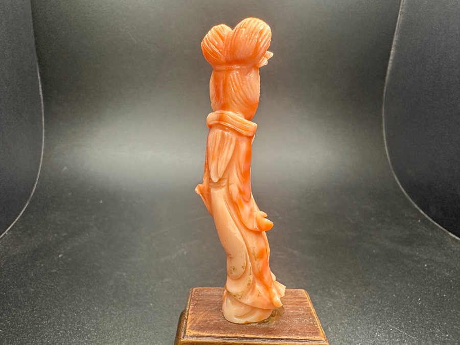 Hand Carved Chinese Coral Guanyin Figurine On Wooden Stand 4.25'H [Photo 4]