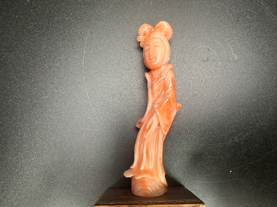 Hand Carved Chinese Coral Guanyin Figurine On Wooden Stand 4.25'H [Photo 5]