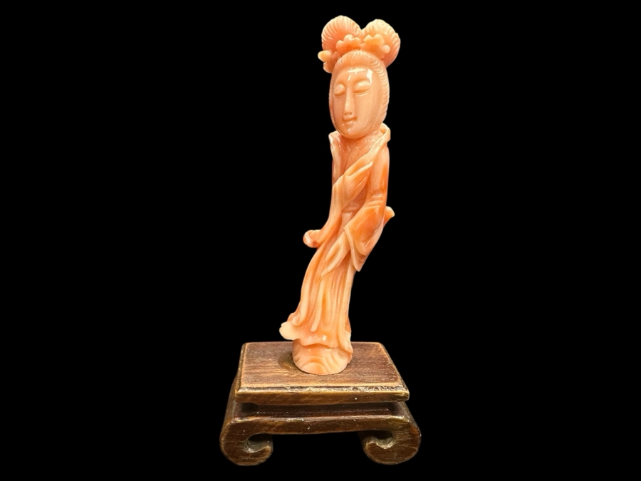 Hand Carved Chinese Coral Guanyin Figurine On Wooden Stand 4.25'H