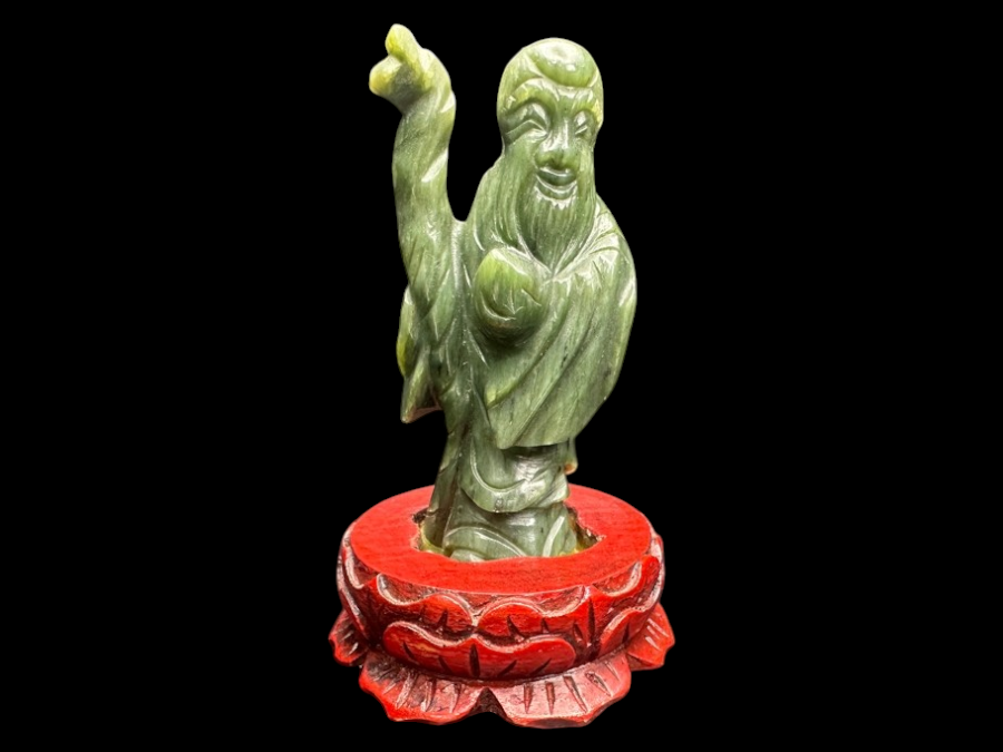 Chinese Hand Carved Jade Shou Lao Figurine With Red Wooden Base 3.75'H
