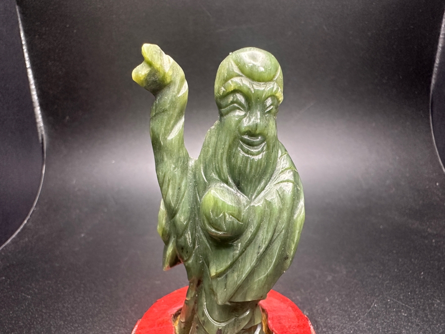 Chinese Hand Carved Jade Shou Lao Figurine With Red Wooden Base 3.75'H [Photo 3]