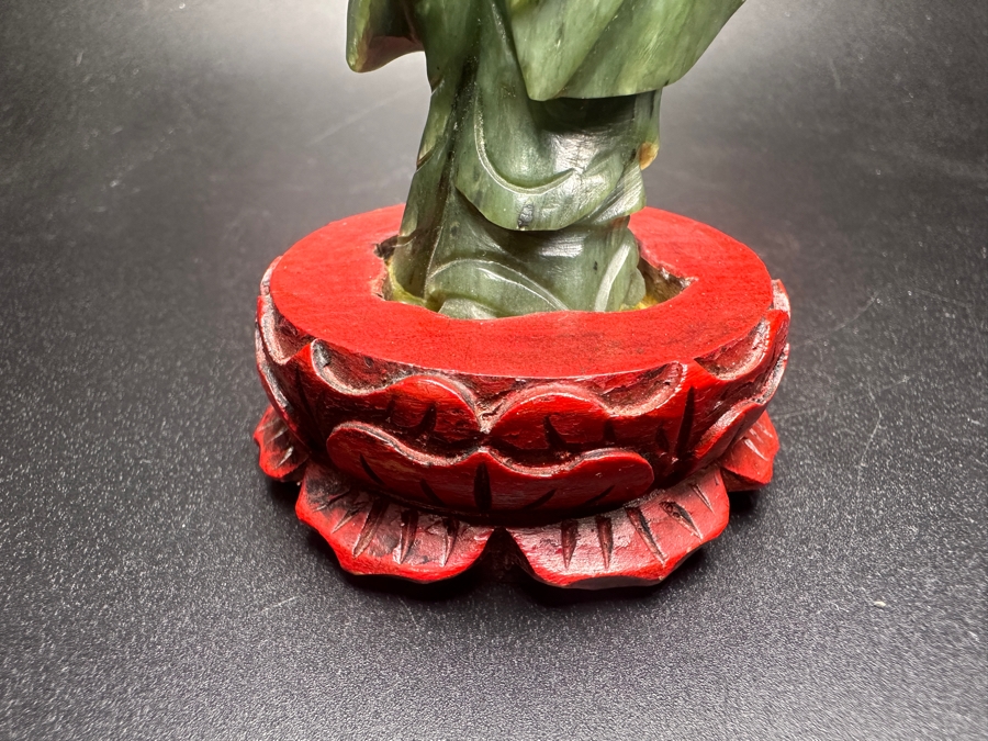 Chinese Hand Carved Jade Shou Lao Figurine With Red Wooden Base 3.75'H [Photo 4]