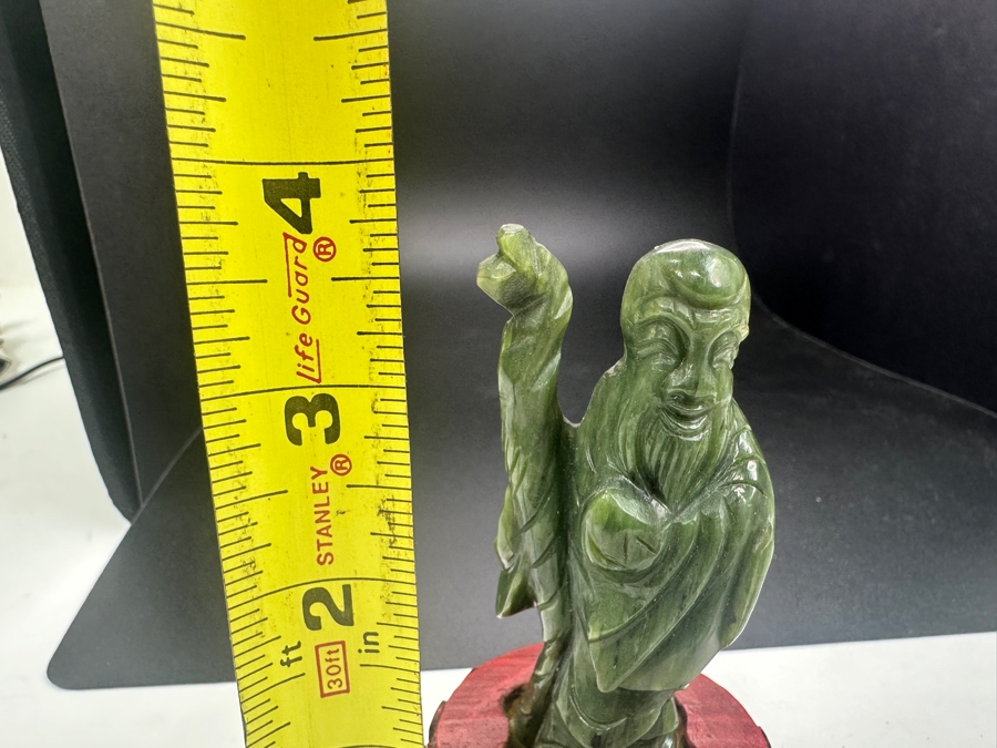 Chinese Hand Carved Jade Shou Lao Figurine With Red Wooden Base 3.75'H [Photo 7]