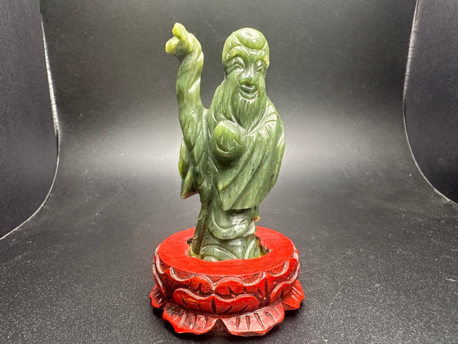Chinese Hand Carved Jade Shou Lao Figurine With Red Wooden Base 3.75'H [Photo 2]
