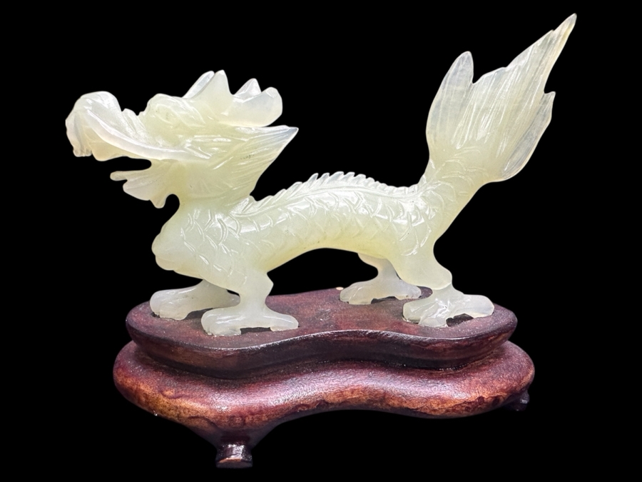 Vintage Chinese Hand Carved Serpentine Jade Dragon Zodiac Sculpture On Wooden Base 3'H [Photo 11]