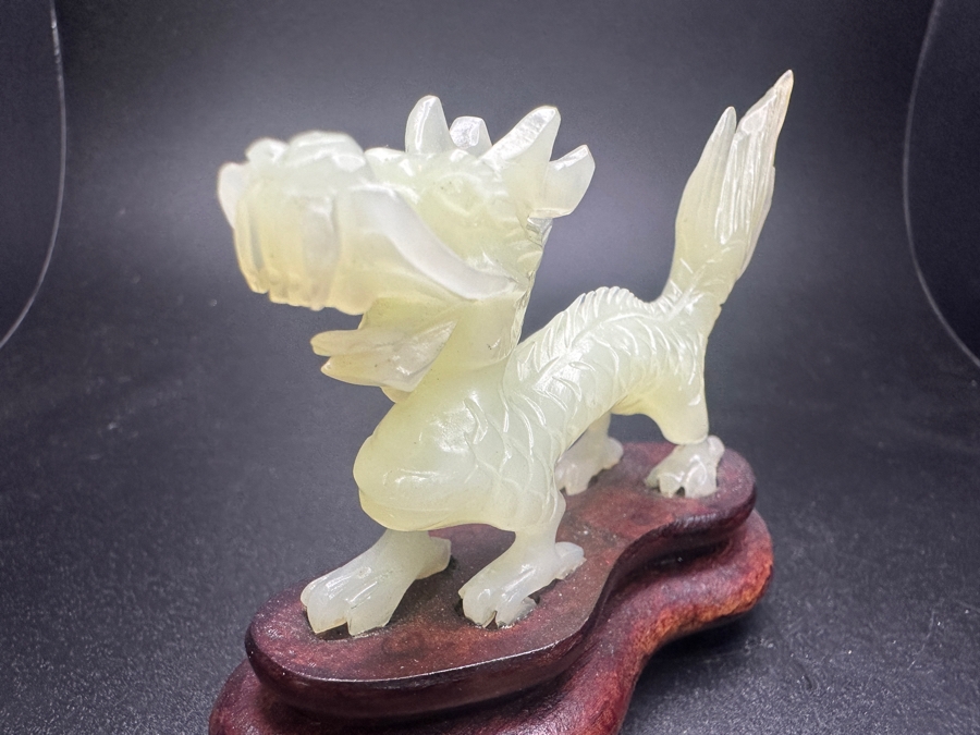 Vintage Chinese Hand Carved Serpentine Jade Dragon Zodiac Sculpture On Wooden Base 3'H [Photo 5]