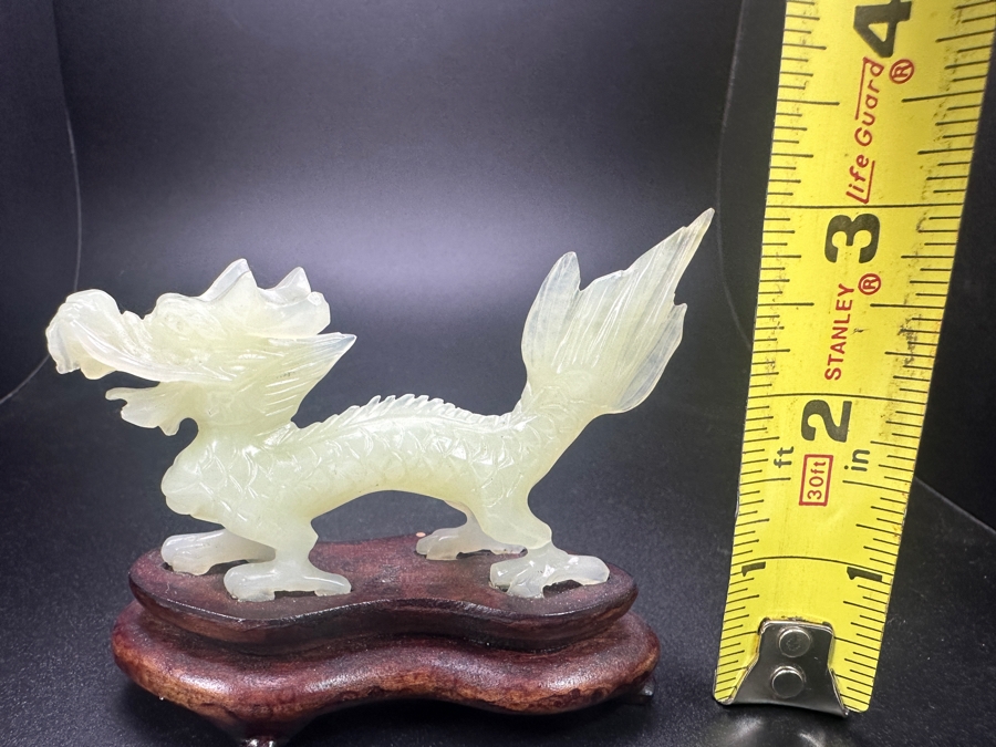 Vintage Chinese Hand Carved Serpentine Jade Dragon Zodiac Sculpture On Wooden Base 3'H [Photo 10]