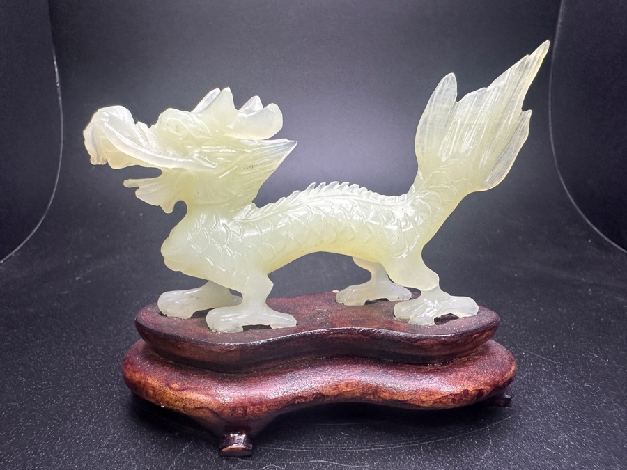 Vintage Chinese Hand Carved Serpentine Jade Dragon Zodiac Sculpture On Wooden Base 3'H [Photo 2]