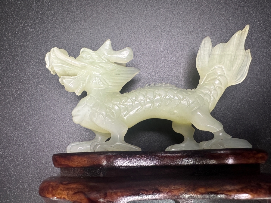 Vintage Chinese Hand Carved Serpentine Jade Dragon Zodiac Sculpture On Wooden Base 3'H [Photo 8]