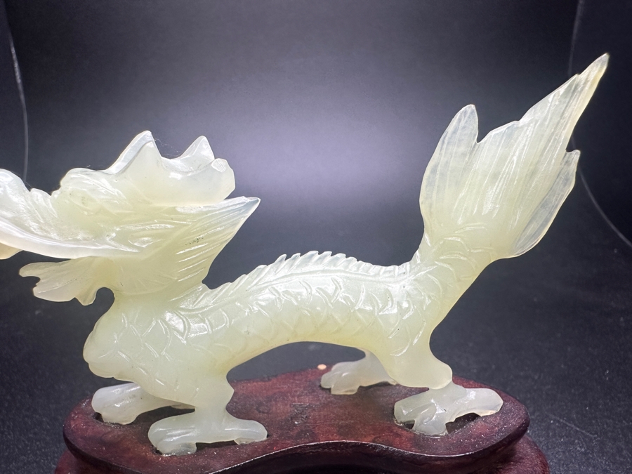 Vintage Chinese Hand Carved Serpentine Jade Dragon Zodiac Sculpture On Wooden Base 3'H [Photo 4]