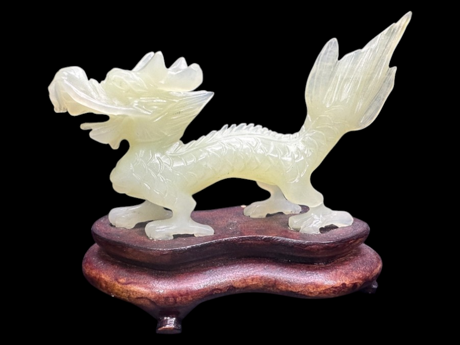 Vintage Chinese Hand Carved Serpentine Jade Dragon Zodiac Sculpture On Wooden Base 3'H