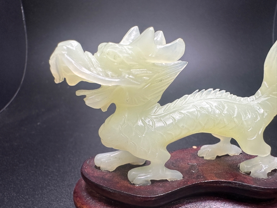 Vintage Chinese Hand Carved Serpentine Jade Dragon Zodiac Sculpture On Wooden Base 3'H [Photo 3]