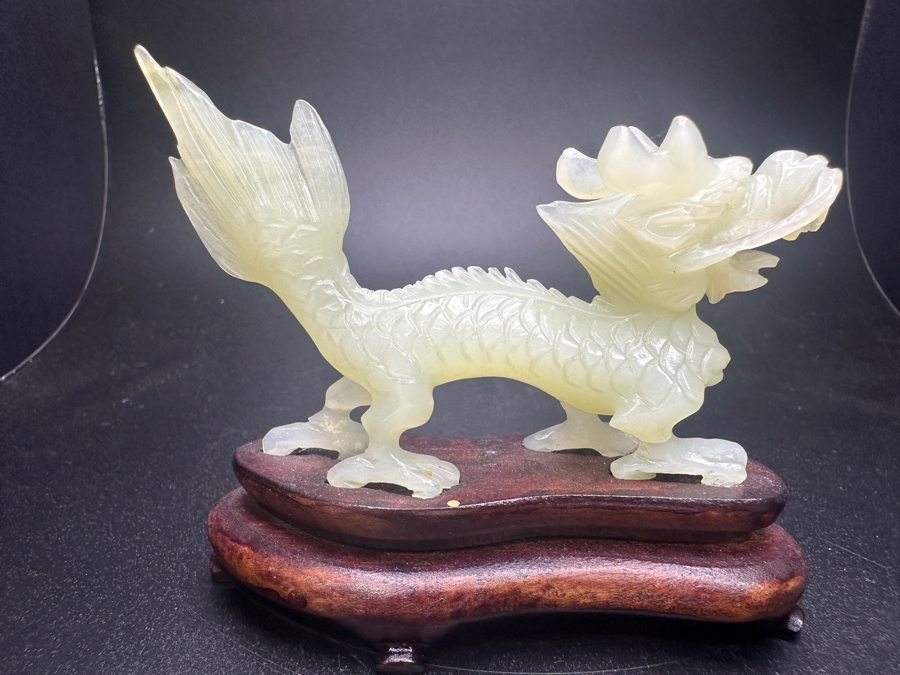 Vintage Chinese Hand Carved Serpentine Jade Dragon Zodiac Sculpture On Wooden Base 3'H [Photo 6]