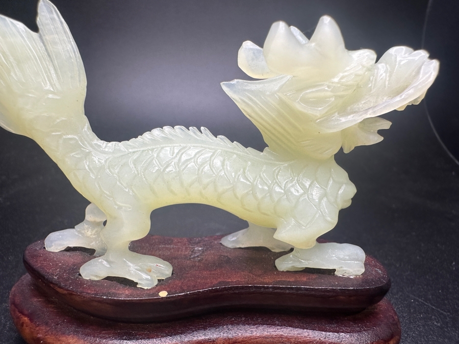 Vintage Chinese Hand Carved Serpentine Jade Dragon Zodiac Sculpture On Wooden Base 3'H [Photo 7]