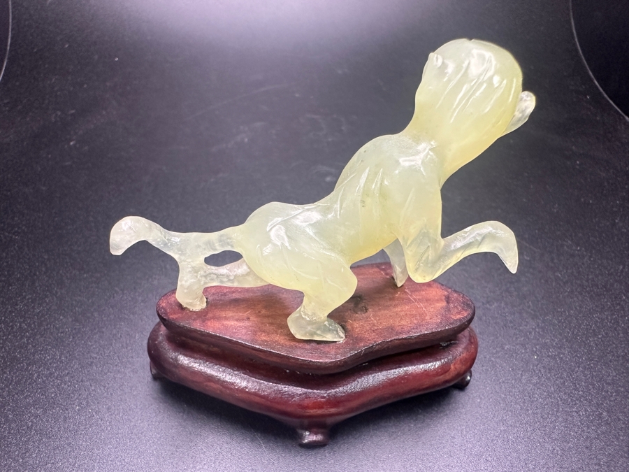 Vintage Chinese Carved Celadon Jade Mythical Monkey Zodiac Figurine On Wood Stand 2.5'H [Photo 5]