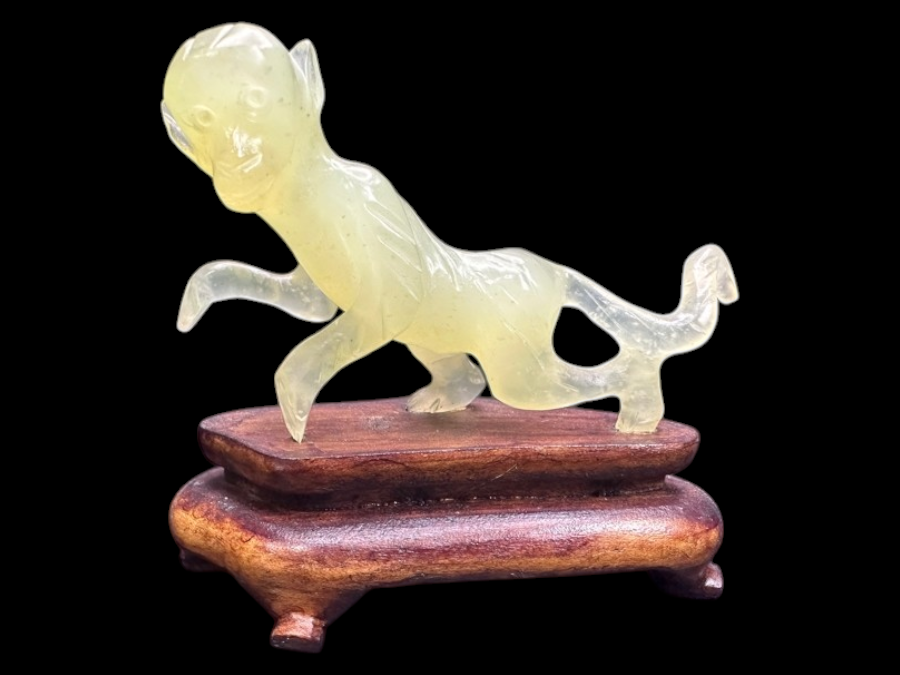 Vintage Chinese Carved Celadon Jade Mythical Monkey Zodiac Figurine On Wood Stand 2.5'H