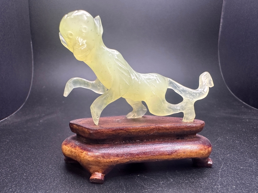 Vintage Chinese Carved Celadon Jade Mythical Monkey Zodiac Figurine On Wood Stand 2.5'H [Photo 2]