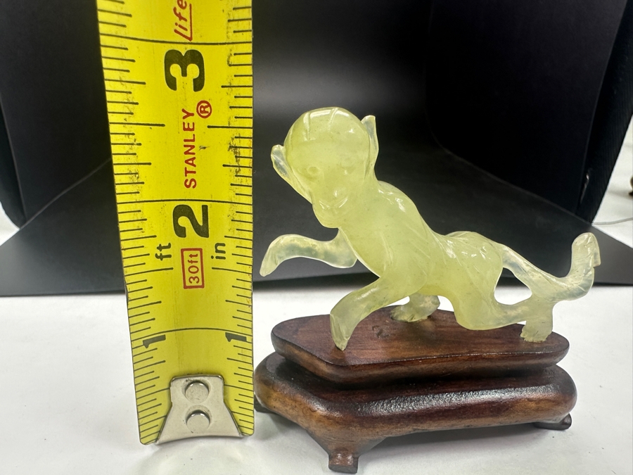 Vintage Chinese Carved Celadon Jade Mythical Monkey Zodiac Figurine On Wood Stand 2.5'H [Photo 8]