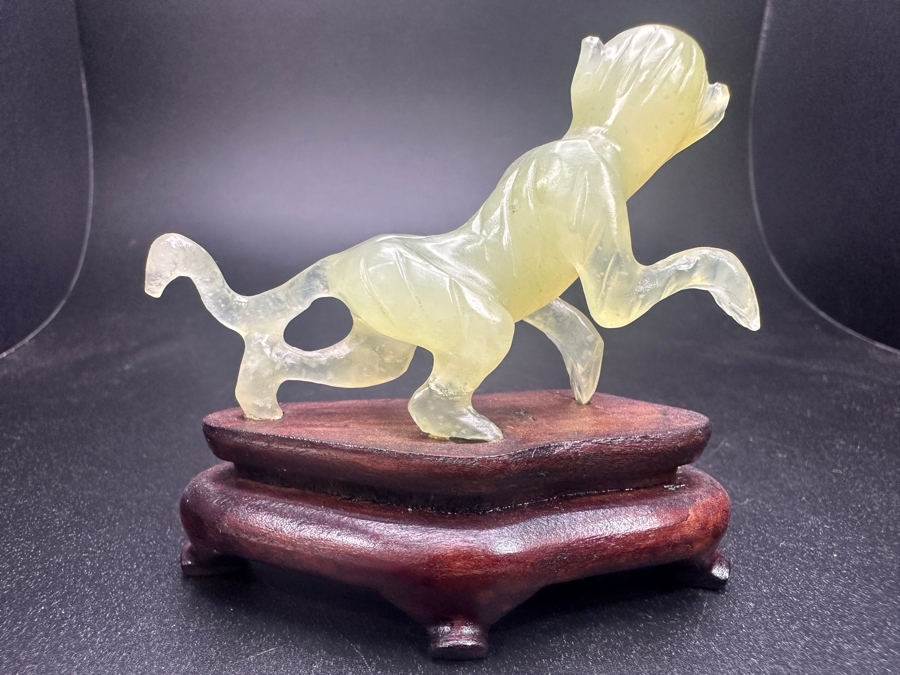 Vintage Chinese Carved Celadon Jade Mythical Monkey Zodiac Figurine On Wood Stand 2.5'H [Photo 4]