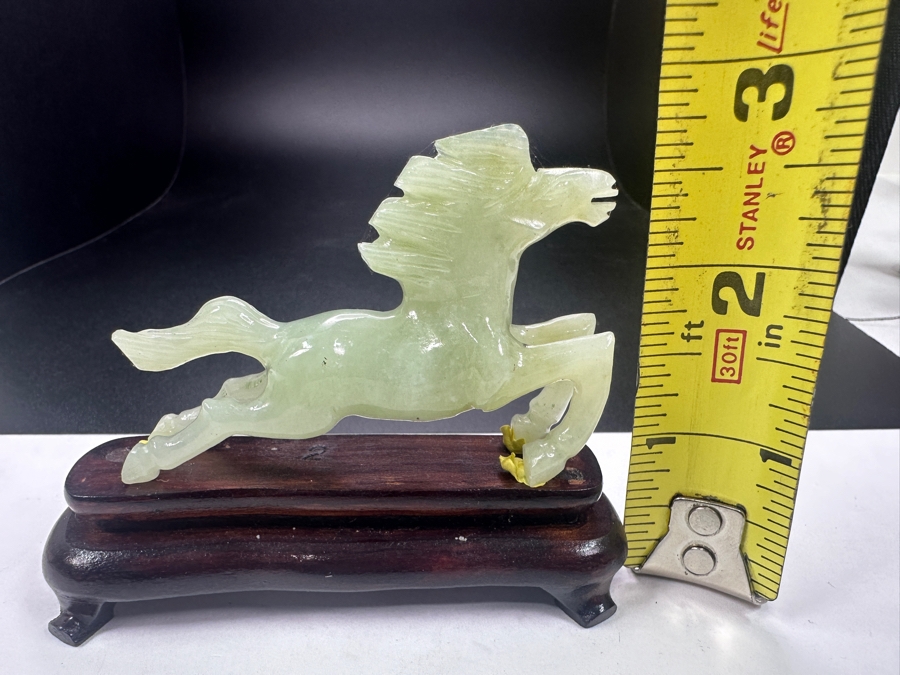 Vintage Hand Carved Chinese Serpentine Jade Galloping Horse Zodiac Figurine On Wooden Base 2.75'H [Photo 7]