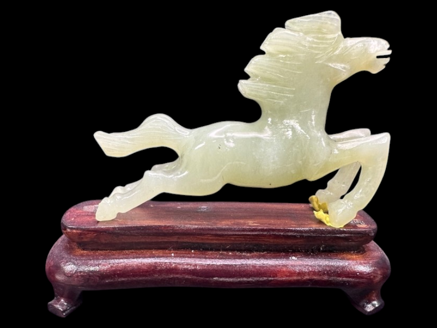 Vintage Hand Carved Chinese Serpentine Jade Galloping Horse Zodiac Figurine On Wooden Base 2.75'H