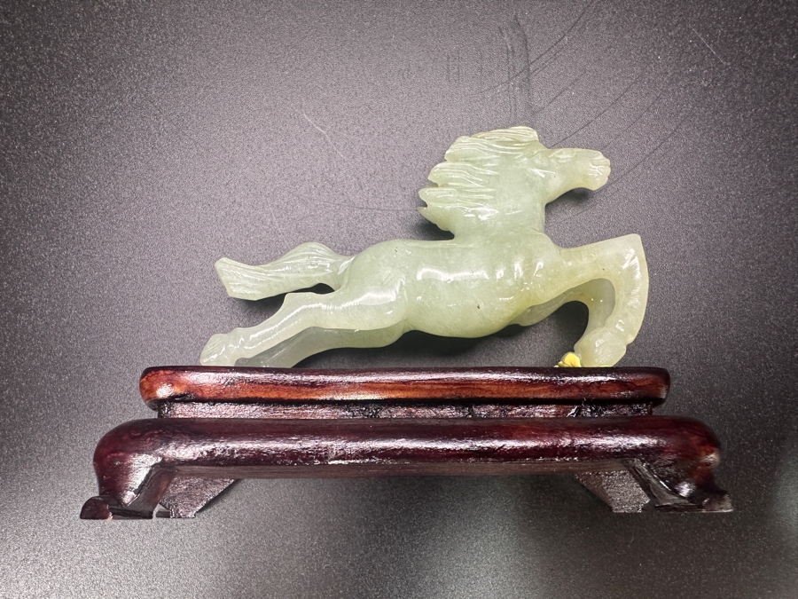 Vintage Hand Carved Chinese Serpentine Jade Galloping Horse Zodiac Figurine On Wooden Base 2.75'H [Photo 5]