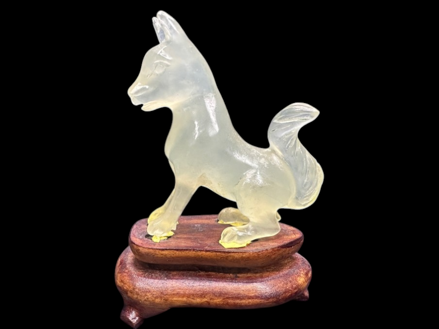 Vintage Chinese Hand Carved Jade Stone Dog Zodiac Figurine On Wooden Stand 3'H
