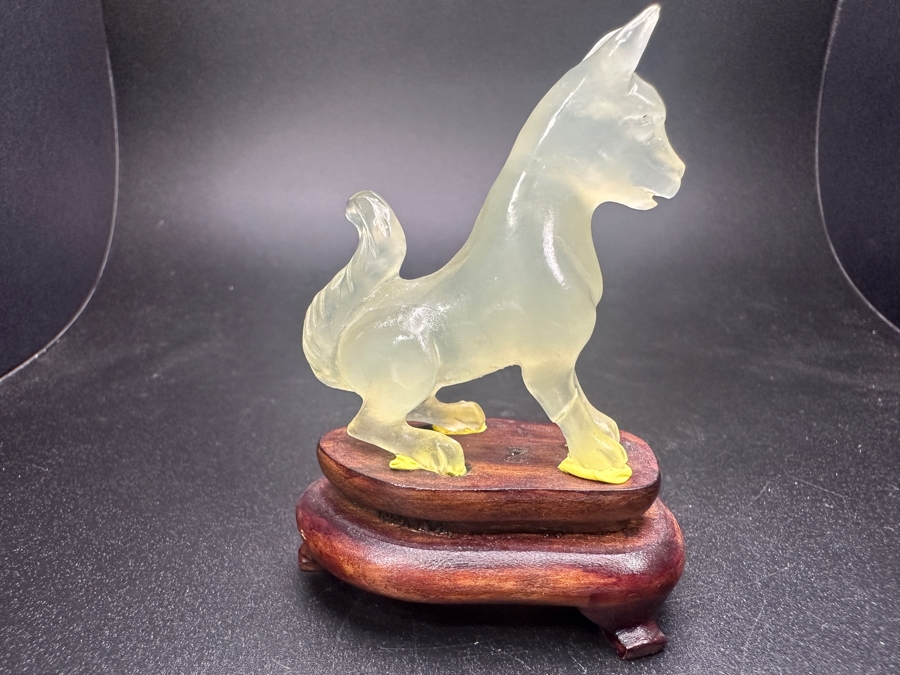 Vintage Chinese Hand Carved Jade Stone Dog Zodiac Figurine On Wooden Stand 3'H [Photo 3]