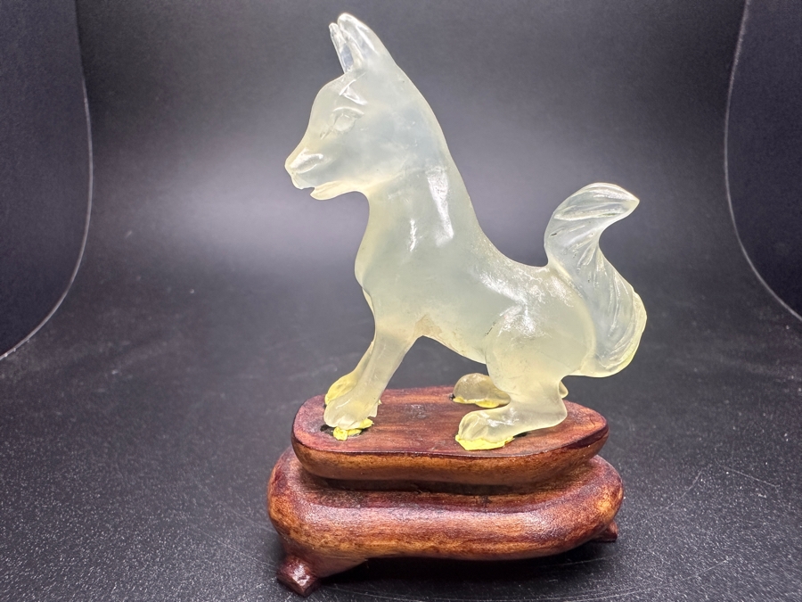Vintage Chinese Hand Carved Jade Stone Dog Zodiac Figurine On Wooden Stand 3'H [Photo 2]