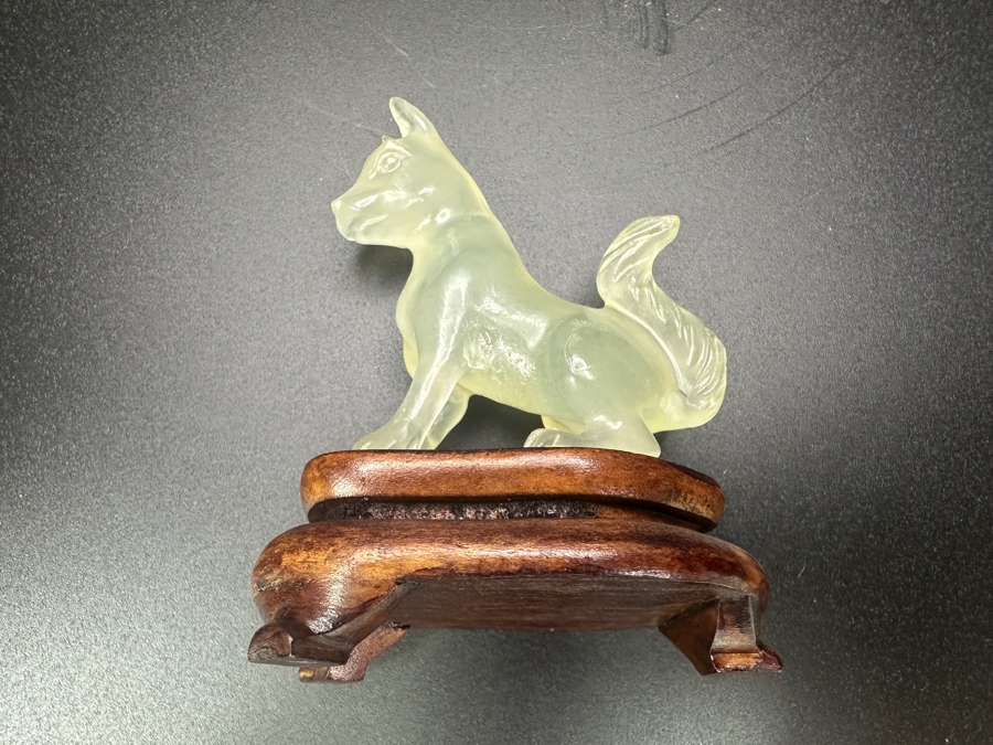 Vintage Chinese Hand Carved Jade Stone Dog Zodiac Figurine On Wooden Stand 3'H [Photo 5]