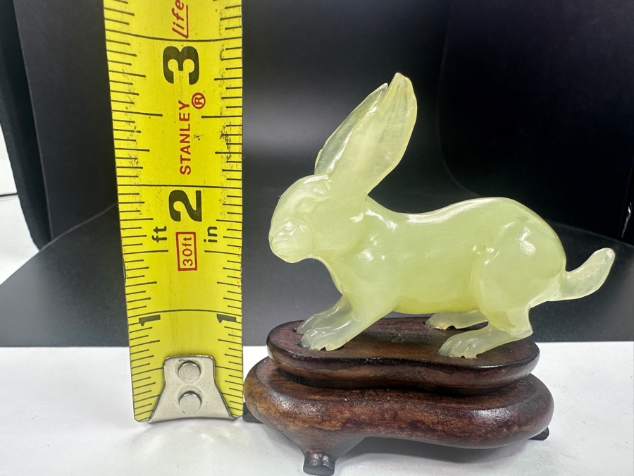 Vintage Chinese Hand Carved Pale Green Jade Rabbit Zodiac Figurine on Wooden Stand 3'H [Photo 8]