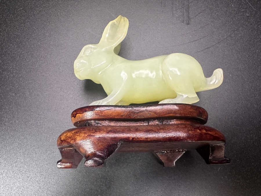 Vintage Chinese Hand Carved Pale Green Jade Rabbit Zodiac Figurine on Wooden Stand 3'H [Photo 6]