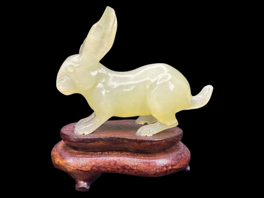 Vintage Chinese Hand Carved Pale Green Jade Rabbit Zodiac Figurine on Wooden Stand 3'H