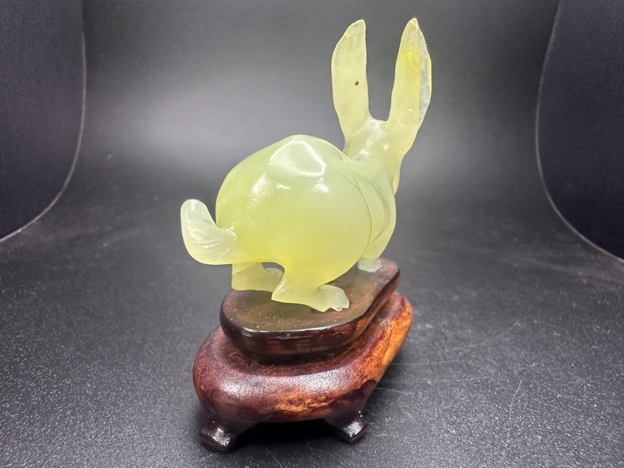 Vintage Chinese Hand Carved Pale Green Jade Rabbit Zodiac Figurine on Wooden Stand 3'H [Photo 5]