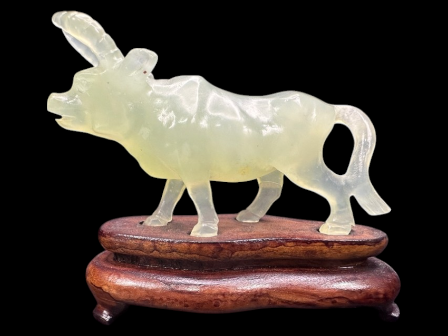 Vintage Chinese Hand Carved Pale Green Jade Ox Zodiac Figurine on Wooden Stand 2.5'H
