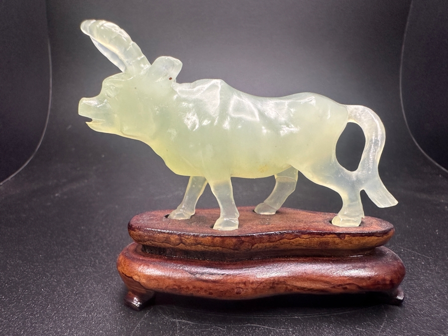 Vintage Chinese Hand Carved Pale Green Jade Ox Zodiac Figurine on Wooden Stand 2.5'H [Photo 2]