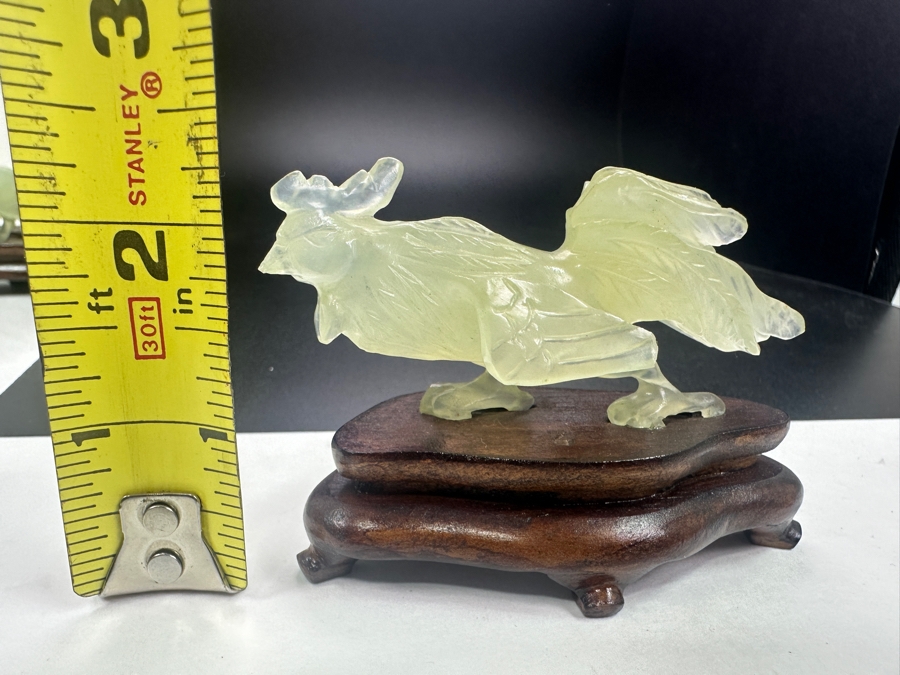Vintage Chinese Hand Carved Pale Green Jade Rooster Zodiac Figurine on Wooden Stand 3'H [Photo 7]