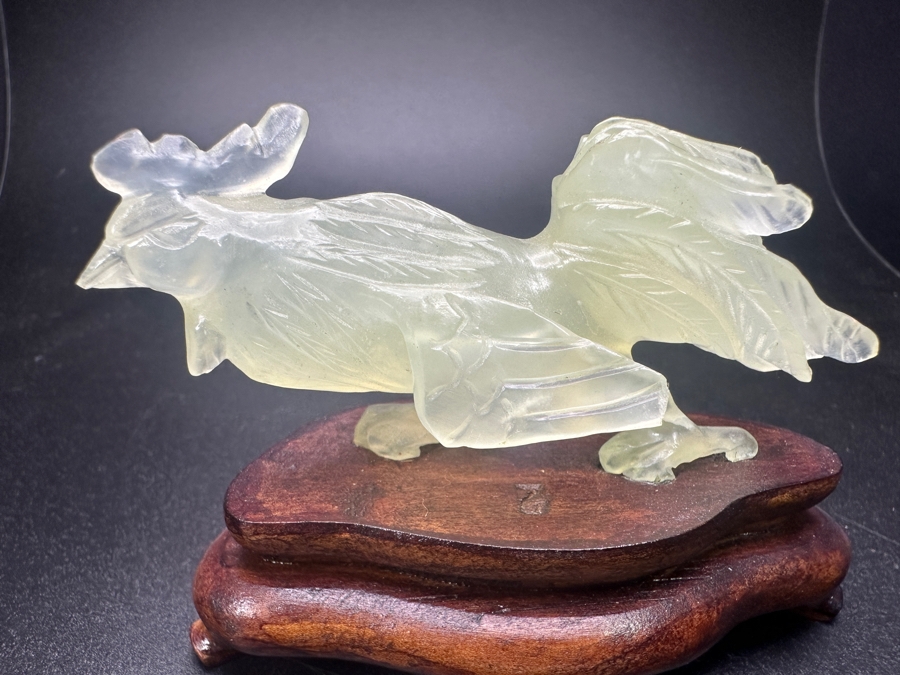 Vintage Chinese Hand Carved Pale Green Jade Rooster Zodiac Figurine on Wooden Stand 3'H [Photo 3]
