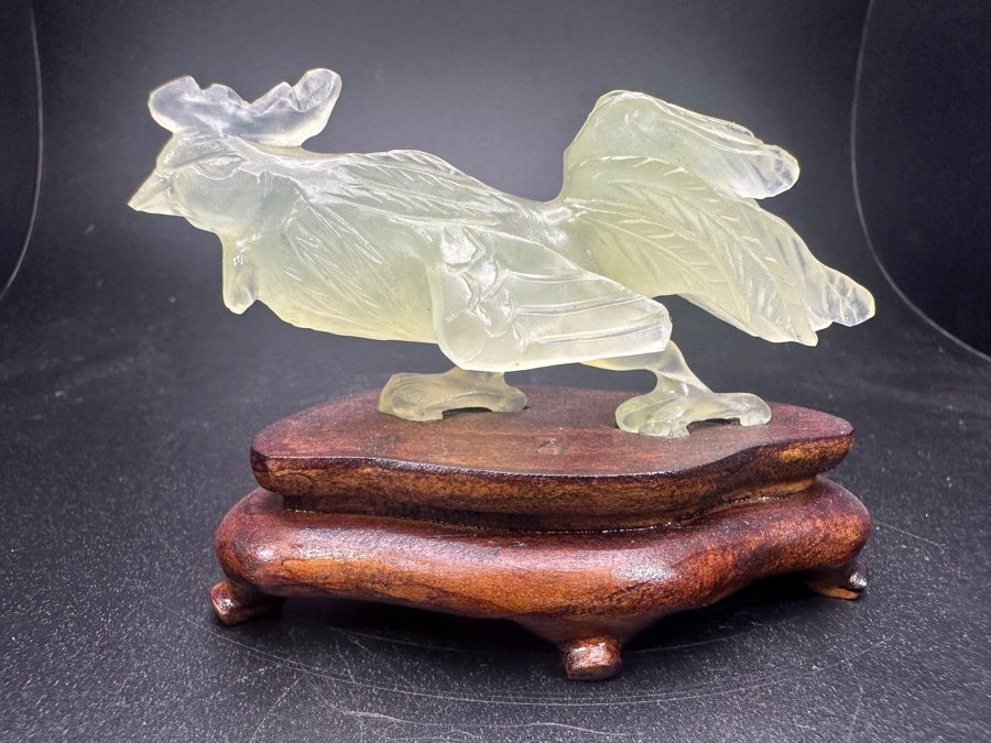 Vintage Chinese Hand Carved Pale Green Jade Rooster Zodiac Figurine on Wooden Stand 3'H [Photo 2]