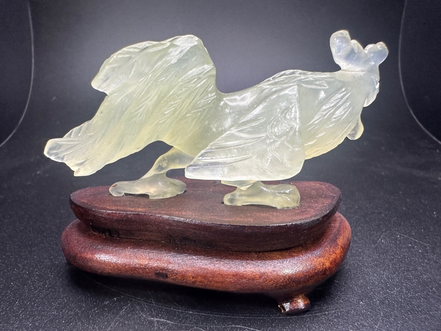 Vintage Chinese Hand Carved Pale Green Jade Rooster Zodiac Figurine on Wooden Stand 3'H [Photo 4]