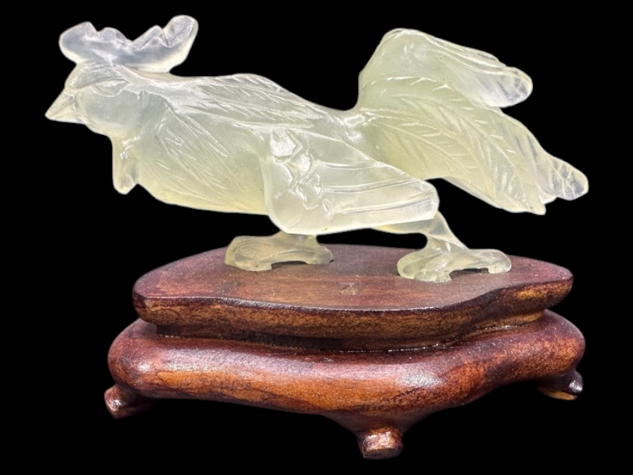 Vintage Chinese Hand Carved Pale Green Jade Rooster Zodiac Figurine on Wooden Stand 3'H
