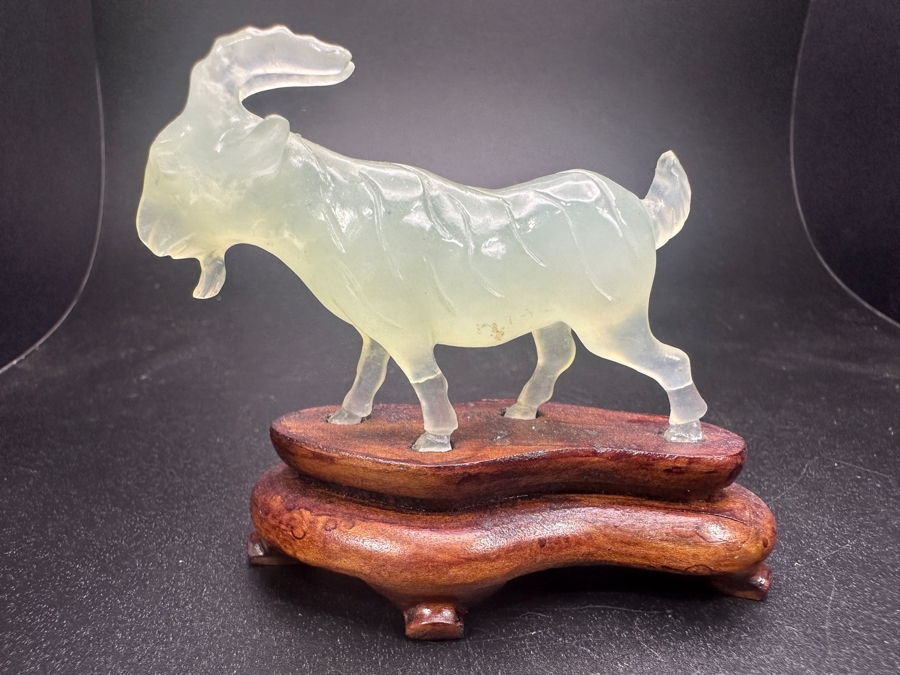 Vintage Chinese Hand Carved Pale Green Jade Goat Zodiac Figurine on Wooden Stand 2.5'H [Photo 2]