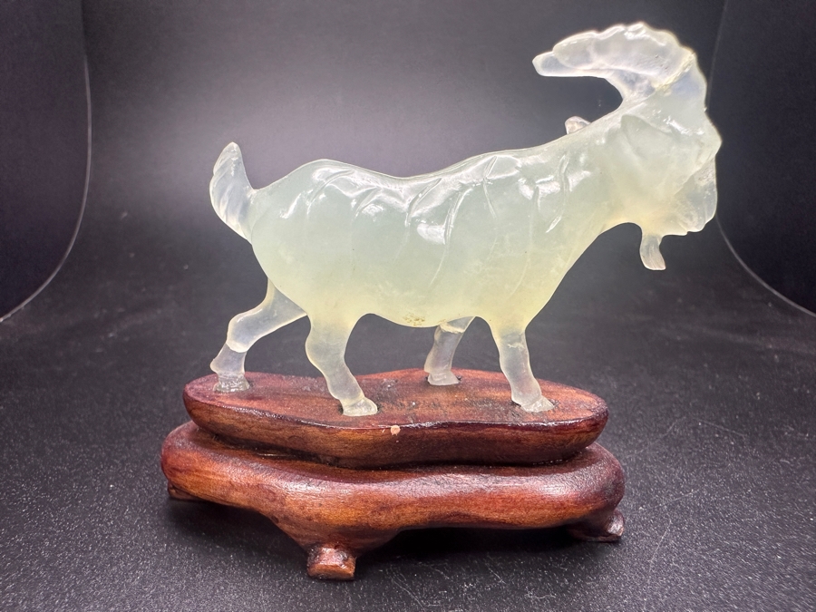 Vintage Chinese Hand Carved Pale Green Jade Goat Zodiac Figurine on Wooden Stand 2.5'H [Photo 3]