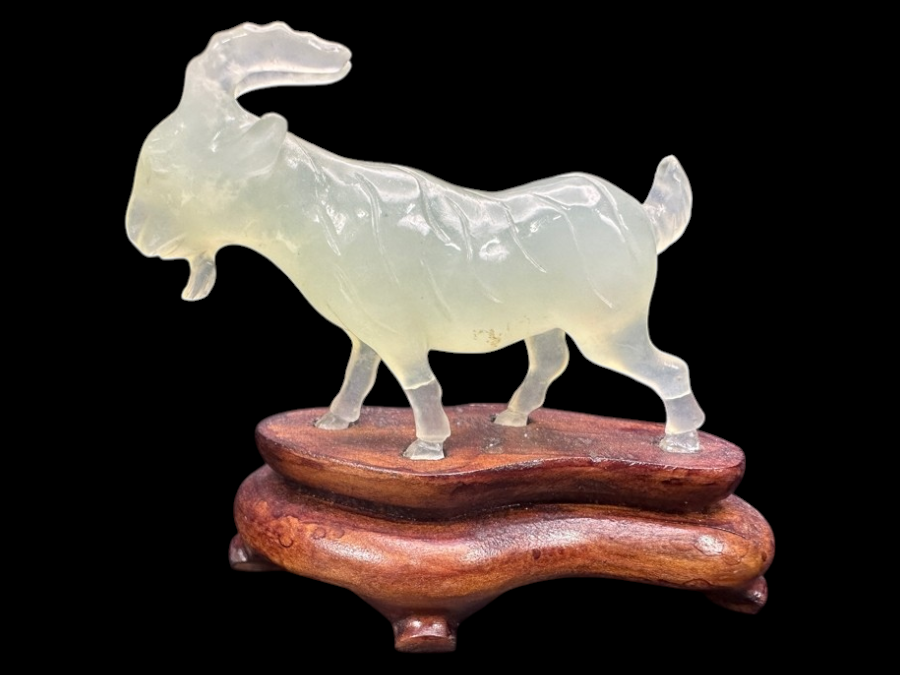 Vintage Chinese Hand Carved Pale Green Jade Goat Zodiac Figurine on Wooden Stand 2.5'H