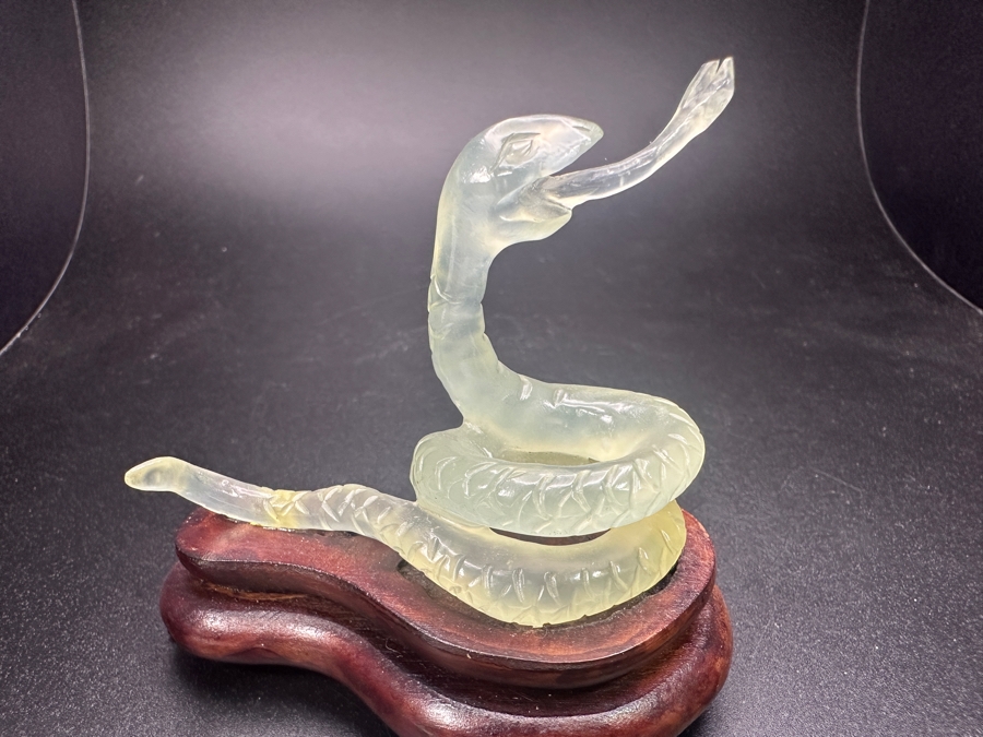 Vintage Chinese Hand Carved Pale Green Jade Snake Zodiac Figurine on Wooden Stand 3'H [Photo 4]