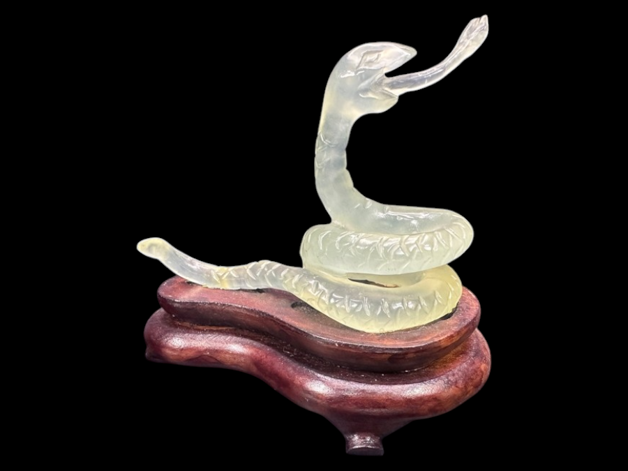 Vintage Chinese Hand Carved Pale Green Jade Snake Zodiac Figurine on Wooden Stand 3'H