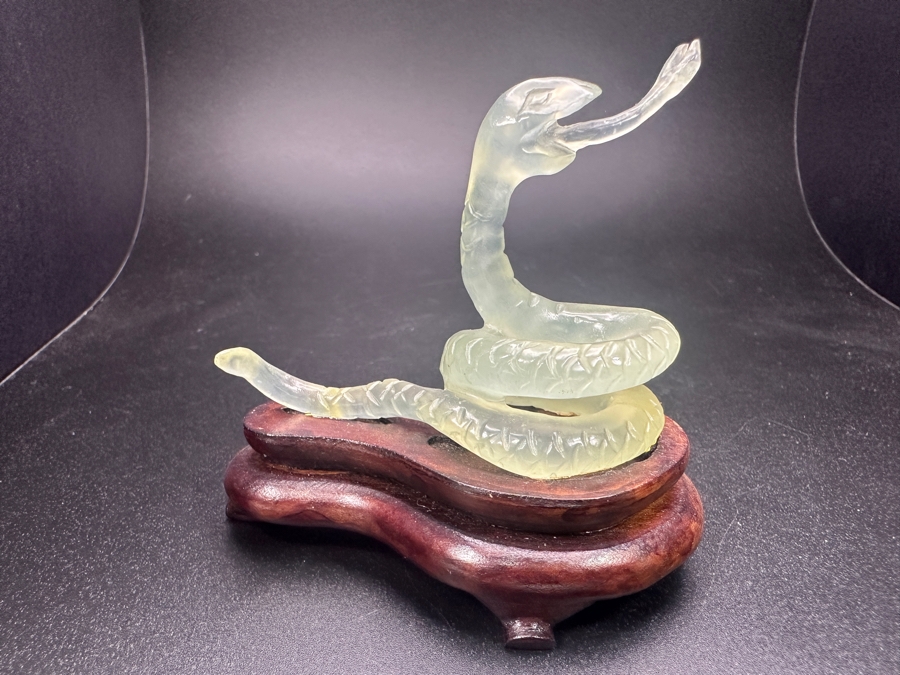 Vintage Chinese Hand Carved Pale Green Jade Snake Zodiac Figurine on Wooden Stand 3'H [Photo 2]