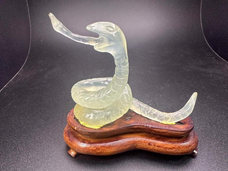 Vintage Chinese Hand Carved Pale Green Jade Snake Zodiac Figurine on Wooden Stand 3'H [Photo 6]