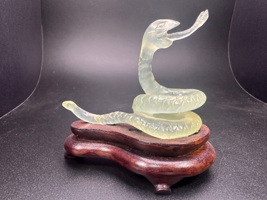 Vintage Chinese Hand Carved Pale Green Jade Snake Zodiac Figurine on Wooden Stand 3'H [Photo 3]