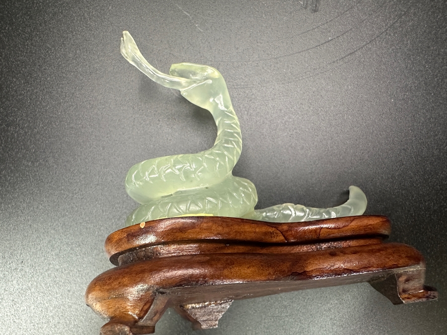 Vintage Chinese Hand Carved Pale Green Jade Snake Zodiac Figurine on Wooden Stand 3'H [Photo 7]